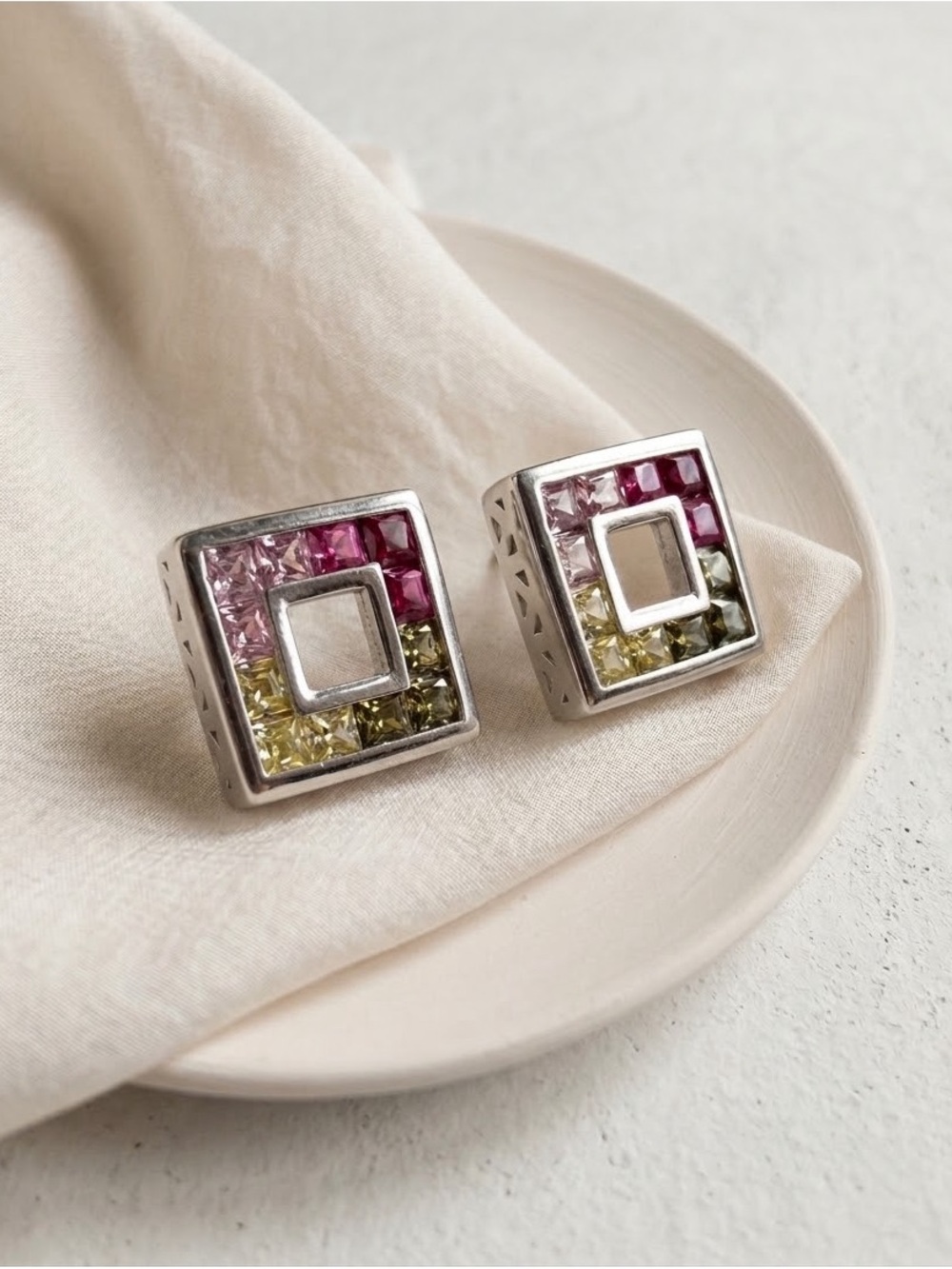 925 Sterling silver Multi-Colored Square Crystal Stud Earrings - Women Jewelry